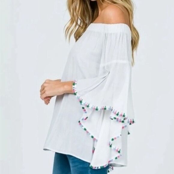 ZARA Women's White 100% Linen Off The Shoulder Flutter Sleeve Top Size Medium - Picture 1 of 8